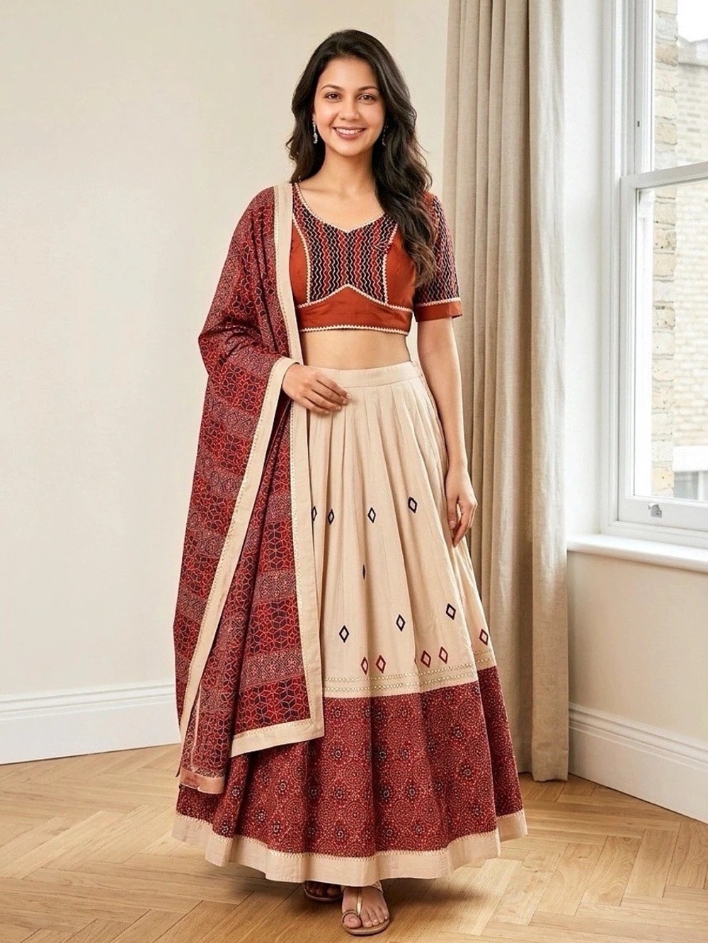 Red & Cream Printed Skirt Set